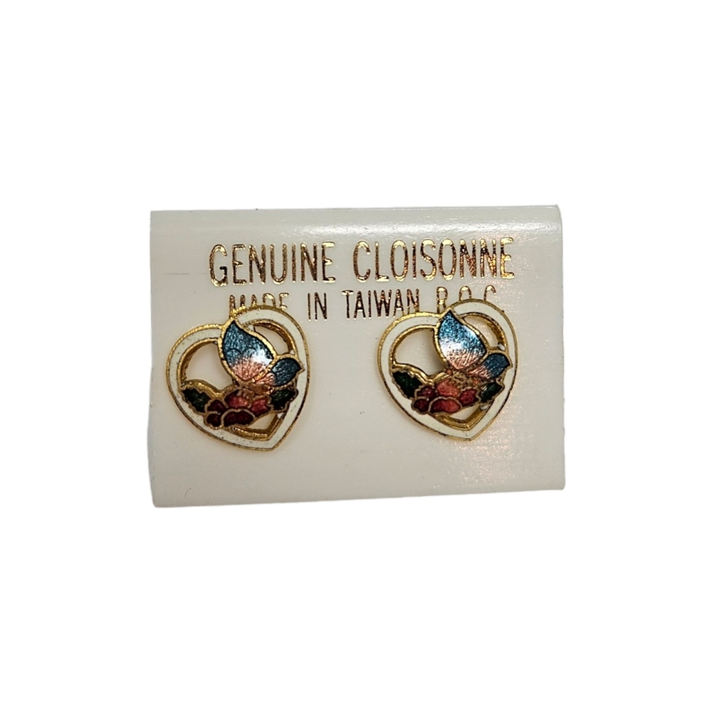 Vintage Cloisonne Earrings Enamel Heart Shape  Butterfly